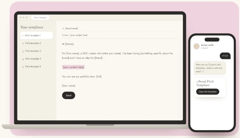 A brand pitch template open on a laptop, with the Instagram DM version on a phone